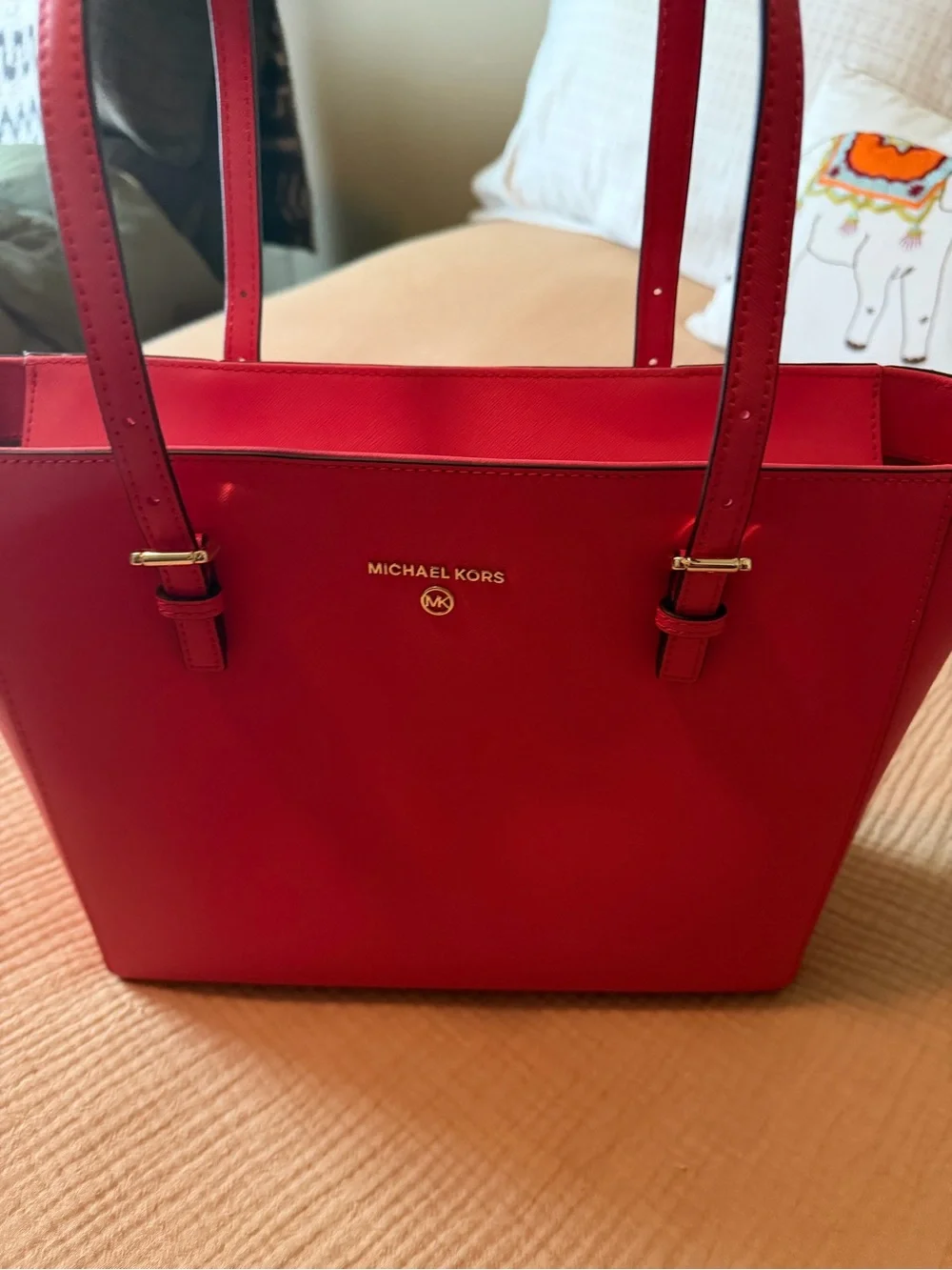 Michael Kors coral red Leather Tote Bag